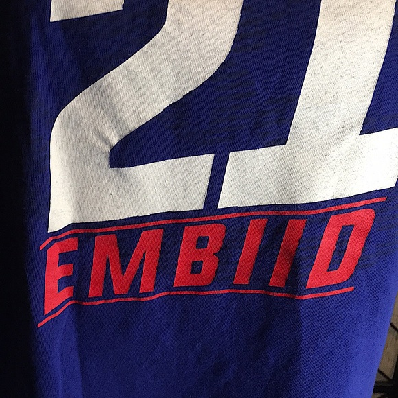 MAJESTIC LARGE PHILDELPHIA 76ERS EMBIID # 21 TEE SHIRT GENTLY USED - Picture 6 of 6